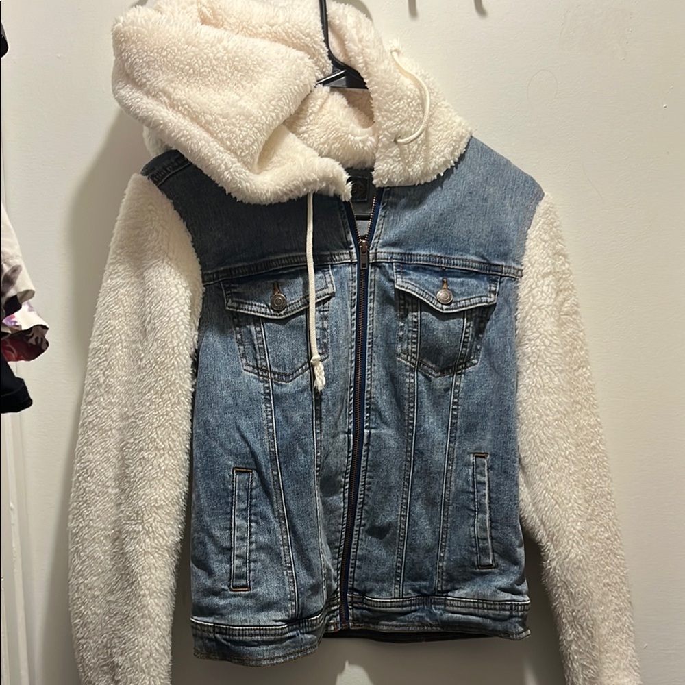 Denim and Sherpa Jacket with Hood